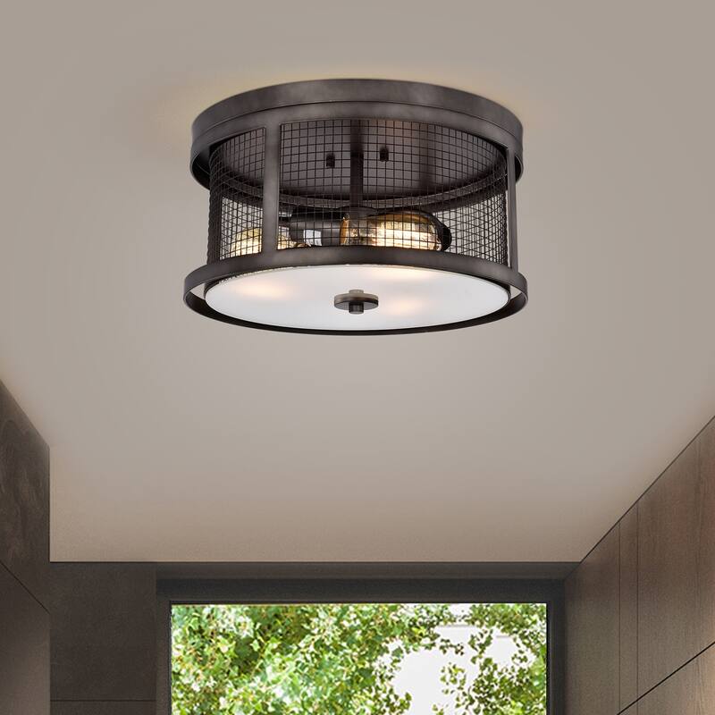 The Gray Barn Magnet Hill Faded Grey 3-light Patterned Metal Drum Shade Flush Mount - Silvery Gray