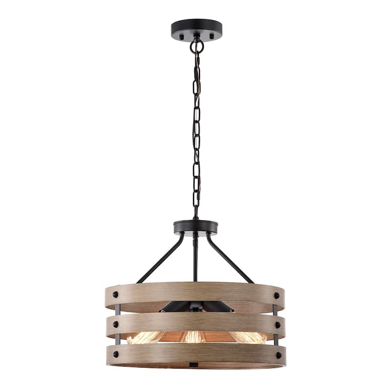 Fleur 16 Inch Matte Black and Imitation Wood Grain with 3 Light Drum Chandelier