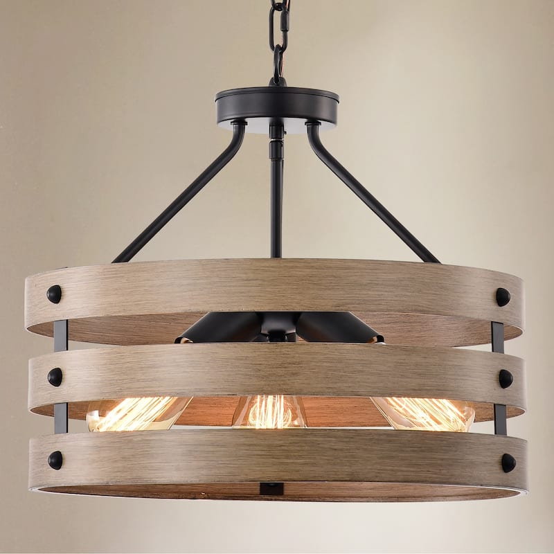 Fleur 16 Inch Matte Black and Imitation Wood Grain with 3 Light Drum Chandelier