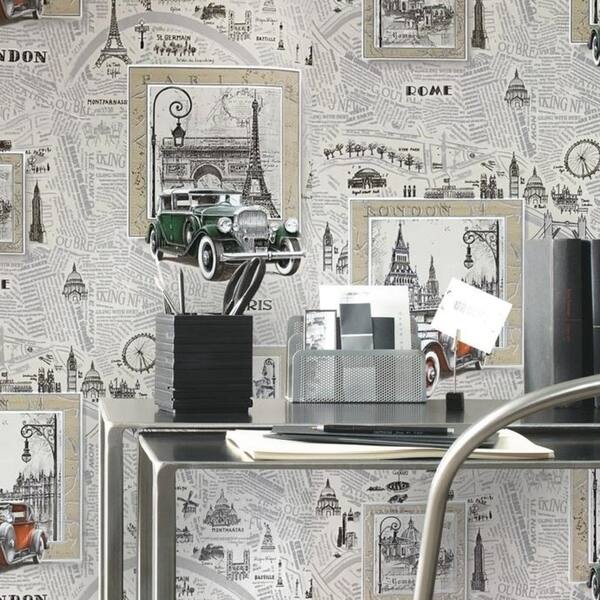Shop Wallpaper Beige Cream Textured Vintage Retro Cars Cities