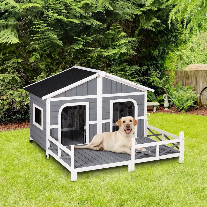 PawHut Wooden Large Dog House, Perfect for the Porch or Deck and Includes Bottom Slide-Out Tray, 59" L, Grey