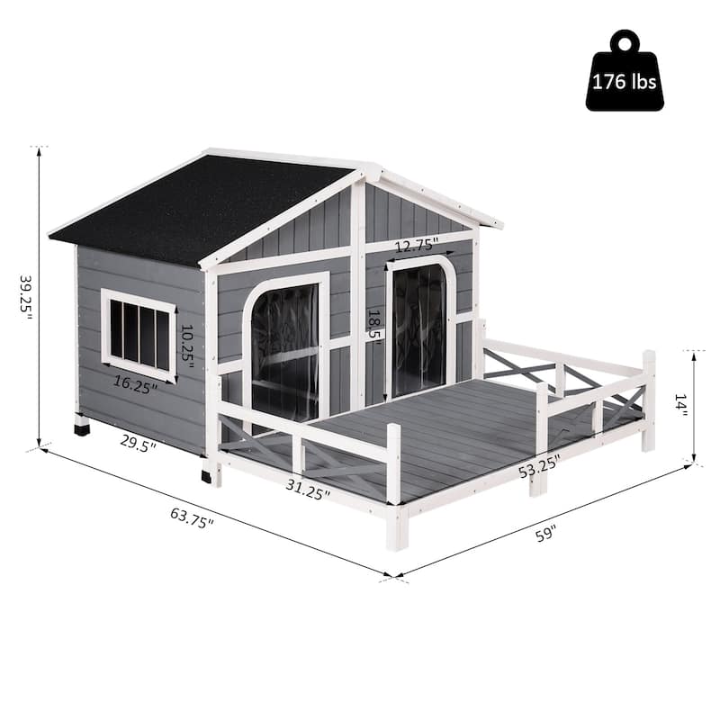 PawHut Wooden Large Dog House, Perfect for the Porch or Deck and Includes Bottom Slide-Out Tray, 59" L, Grey
