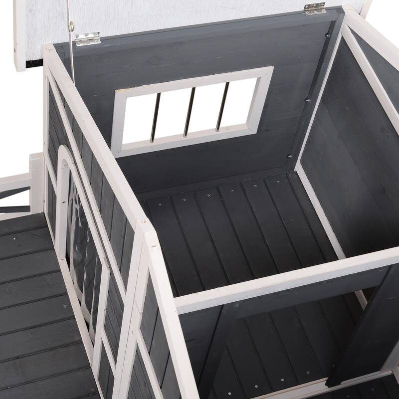 PawHut Wooden Large Dog House, Perfect for the Porch or Deck and Includes Bottom Slide-Out Tray, 59" L, Grey