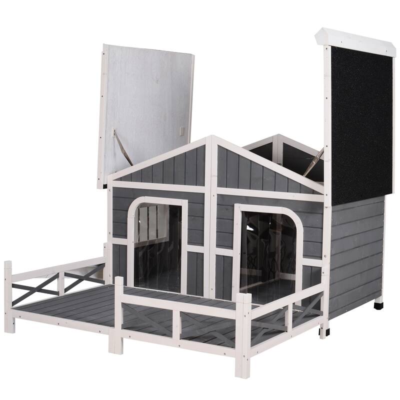 PawHut Wooden Large Dog House, Perfect for the Porch or Deck and Includes Bottom Slide-Out Tray, 59" L, Grey