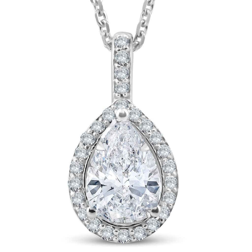 1 1/4Ct Pear Shape Halo Diamond Pendant White Gold Necklace Lab Grown