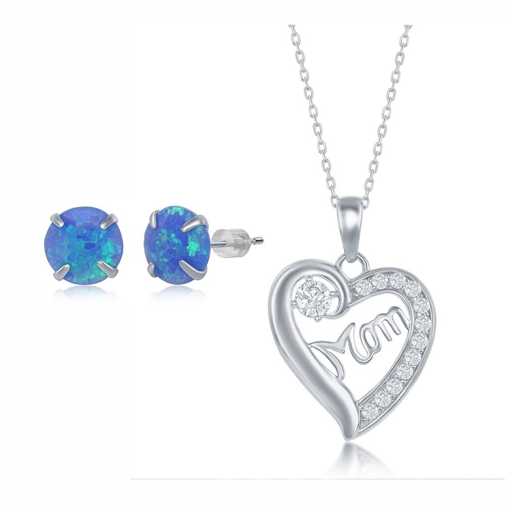 La Preciosa 925 Sterling Silver 'Mom' Cubic Zirconia Heart 18?? Necklace including 6mm Created Blue Opal Earrings Jewelry Set La Preciosa 925 Sterling Silver 'Mom' Cubic Zirconia Heart 18?? Necklace including 6mm Created Blue Opal Earrings Jewelry Set