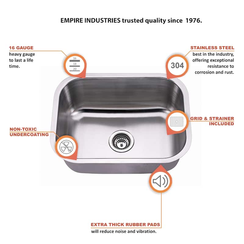 Premium Undermount 16 Gauge Stainless Steel 23" Single Bowl Kitchen Sink with Grid and strainer