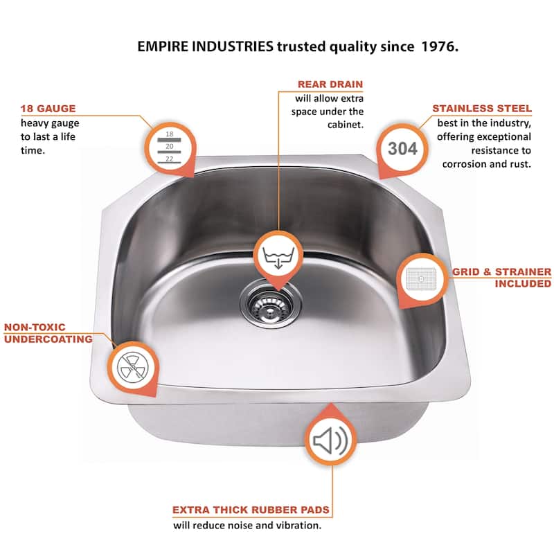 Premium Undermount 18 Gauge Stainless Steel 23.5" Single Bowl Kitchen Sink with Grid and strainer
