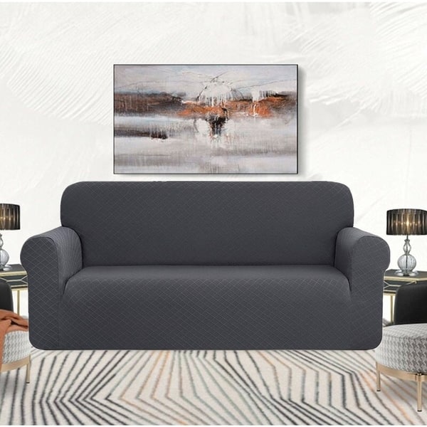 slide 11 of 18, Enova Home Ultra Soft Rhombus Jacquard Polyester Spandex Fabric Box Cushion Loveseat Slipcover Grey