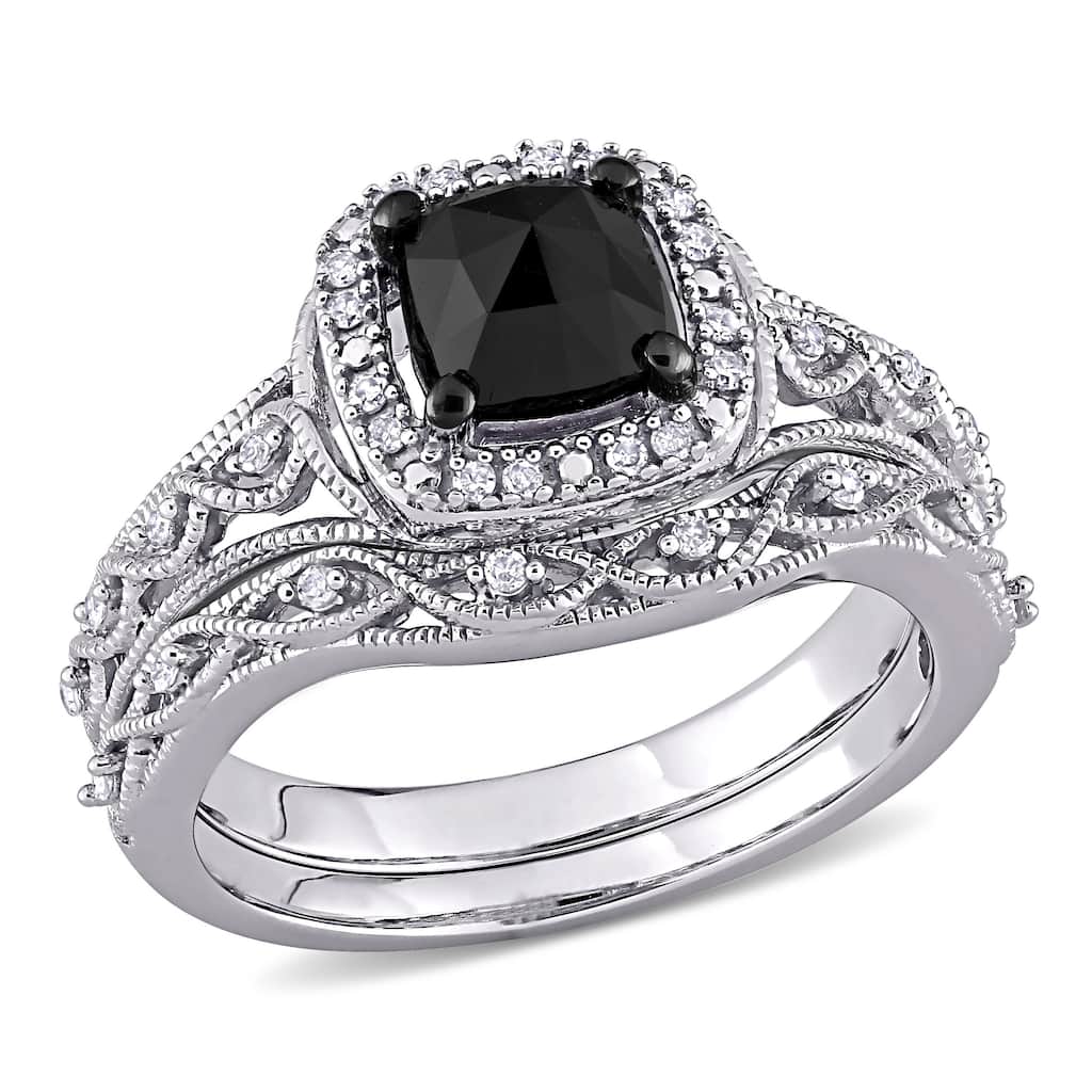 Miadora 10k White Gold 1 1/5ct TDW Cushion Black and White Diamond Vintage Halo Wedding Ring Set