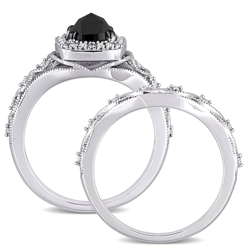 Miadora 10k White Gold 1 1/5ct TDW Cushion Black and White Diamond Vintage Halo Wedding Ring Set