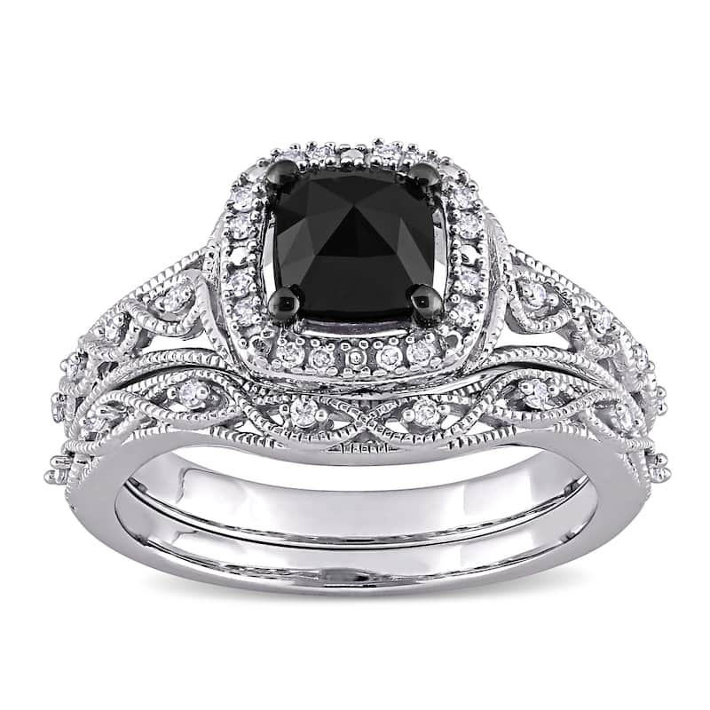 Miadora 10k White Gold 1 1/5ct TDW Cushion Black and White Diamond Vintage Halo Wedding Ring Set