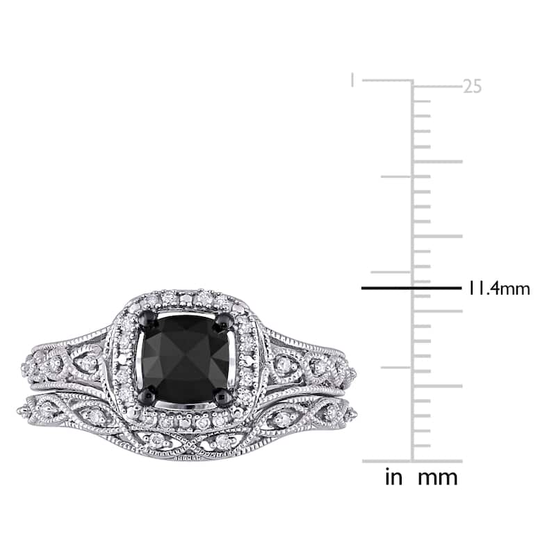 Miadora 10k White Gold 1 1/5ct TDW Cushion Black and White Diamond Vintage Halo Wedding Ring Set