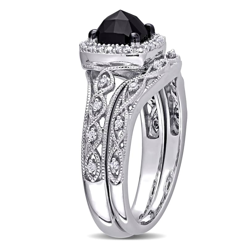 Miadora 10k White Gold 1 1/5ct TDW Cushion Black and White Diamond Vintage Halo Wedding Ring Set