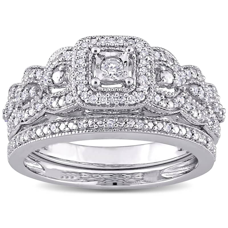 Miadora Sterling Silver 1/3ct TDW Diamond Vintage Halo Wedding Ring Set