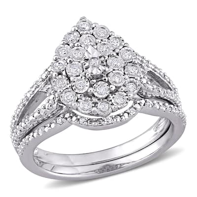 Miadora Sterling Silver 1/4ct TDW Diamond Pear Cluster Split Shank Wedding Ring Set