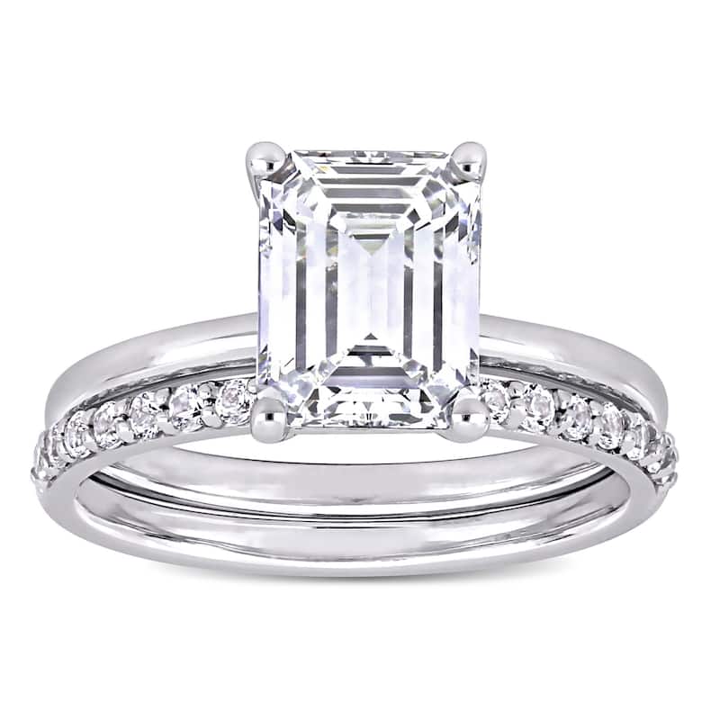 Miadora 10k White Gold Emerald-cut Created White Sapphire Solitaire Wedding Ring Set