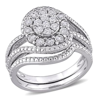 Miadora Sterling Silver 1/4ct TDW Diamond Clustered Halo split shank Wedding Ring Set