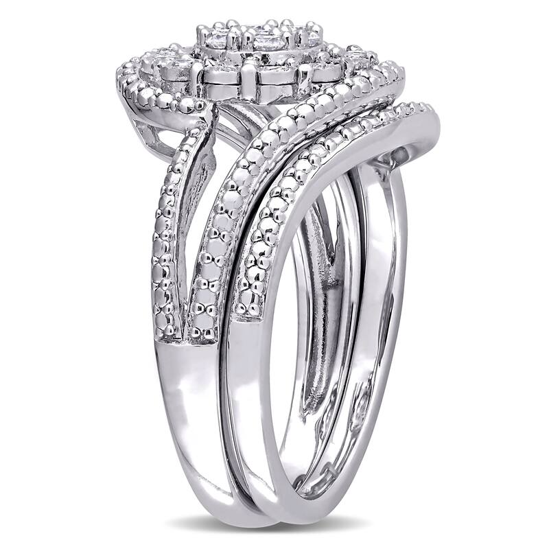 Miadora Sterling Silver 1/4ct TDW Diamond Clustered Halo split shank Wedding Ring Set