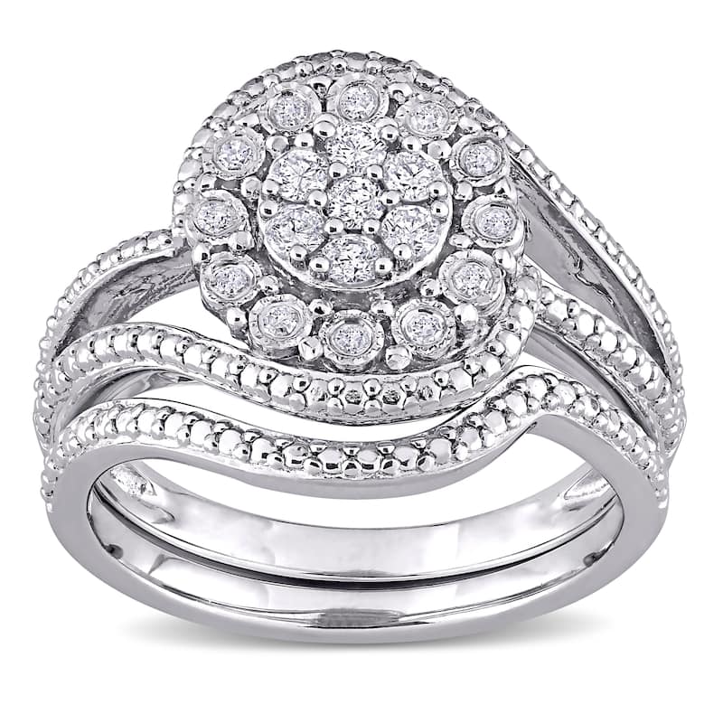 Miadora Sterling Silver 1/4ct TDW Diamond Clustered Halo split shank Wedding Ring Set
