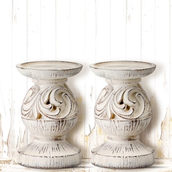 slide 1 of 6, Resin Scroll Candle Pillar 5.5"Set of 2
