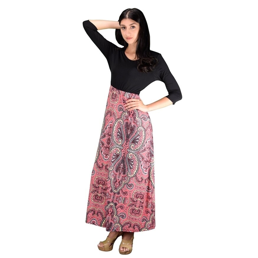 maxi dress with black top and printed bottom
