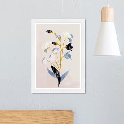 Wynwood Studio 'White Flowers with Ochre' Floral and Botanical Framed Wall Art Print Florals - White, Blue