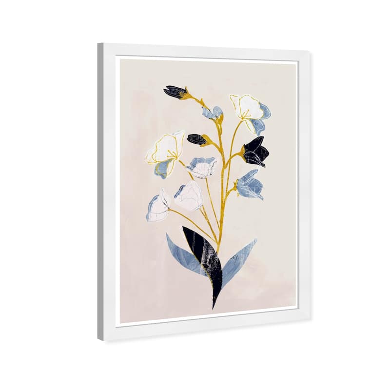Wynwood Studio 'White Flowers with Ochre' Floral and Botanical Framed Wall Art Print Florals - White, Blue