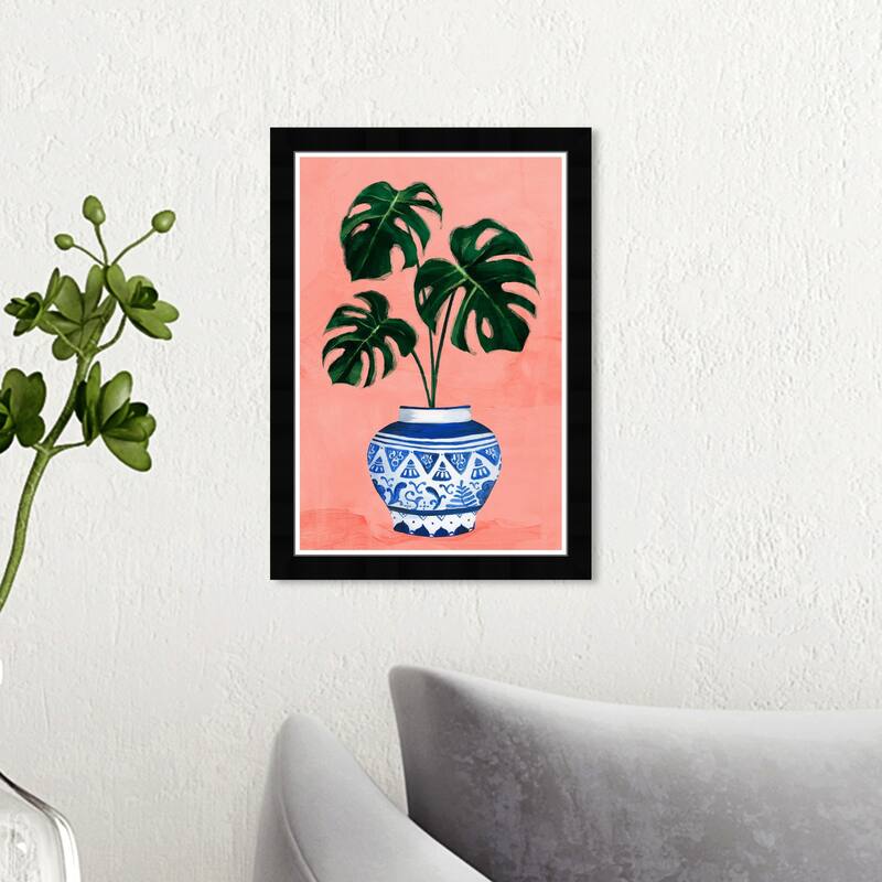 Wynwood Studio 'Chinoiserie Monstera' Floral and Botanical Framed Wall Art Print Botanicals - Pink, Blue