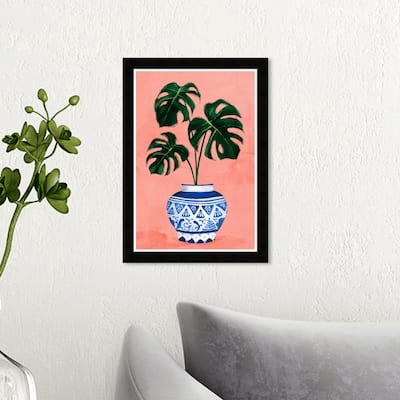 Wynwood Studio 'Chinoiserie Monstera' Floral and Botanical Framed Wall Art Print Botanicals - Pink, Blue