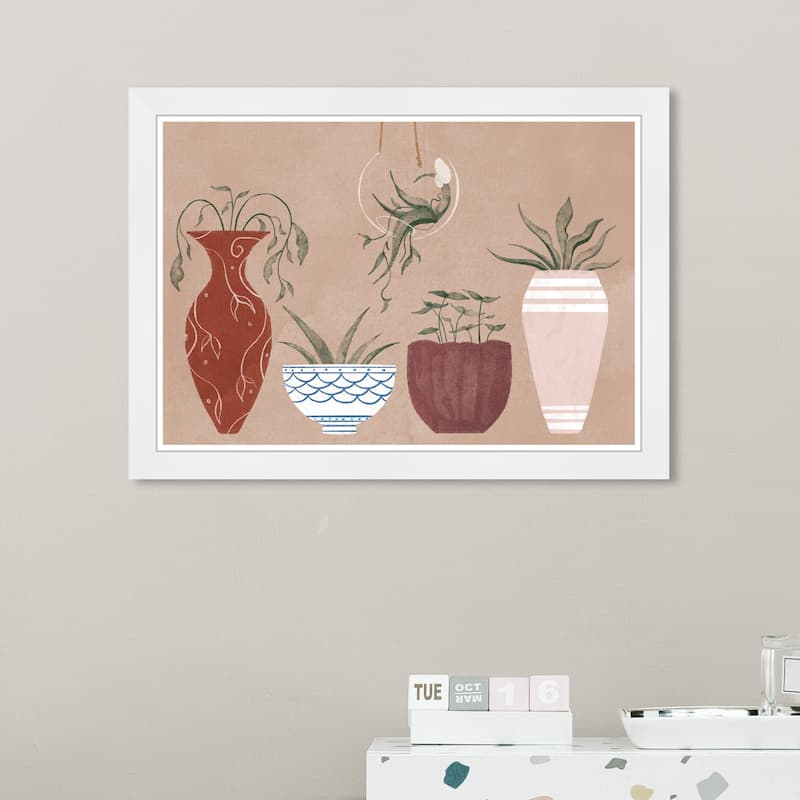 Wynwood Studio 'Her Favorite Pots' Floral and Botanical Framed Wall Art Print Botanicals - Pink, Brown