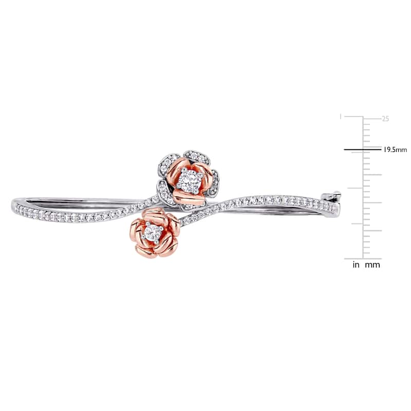 Miadora 2-tone Sterling Silver Created White Sapphire Bypass Floral Bangle Bracelet
