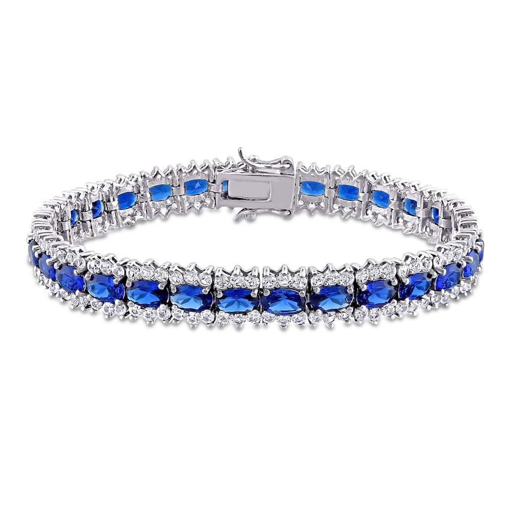 Miadora Sterling Silver Created Blue and White Sapphire Halo Tennis Bracelet