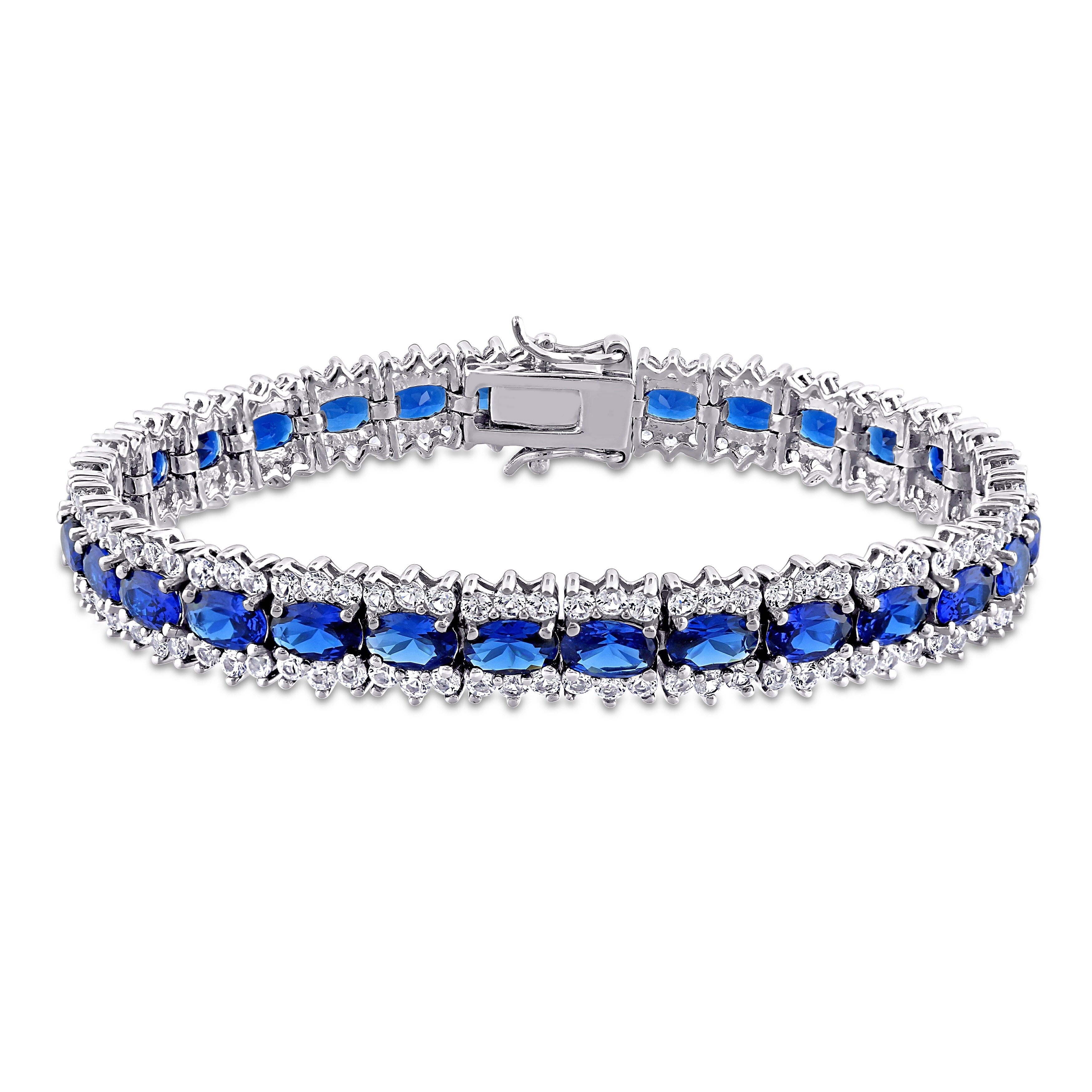 Miadora Sterling Silver Created Blue and White Sapphire Halo Tennis Bracelet