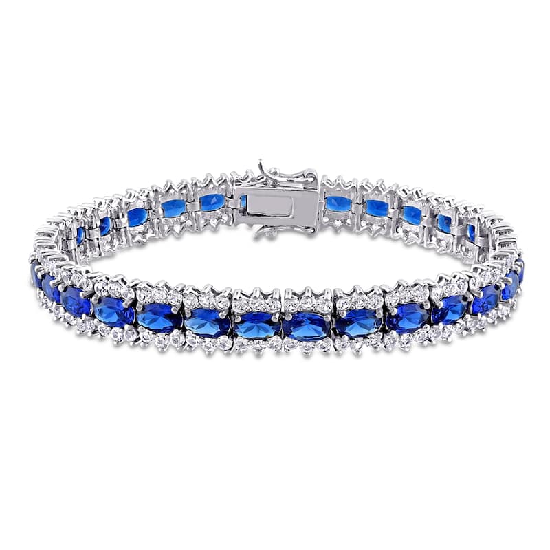 Miadora Sterling Silver Created Blue and White Sapphire Halo Tennis Bracelet
