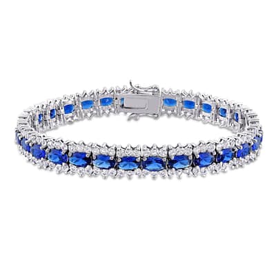 Miadora Sterling Silver Created Blue and White Sapphire Halo Tennis Bracelet