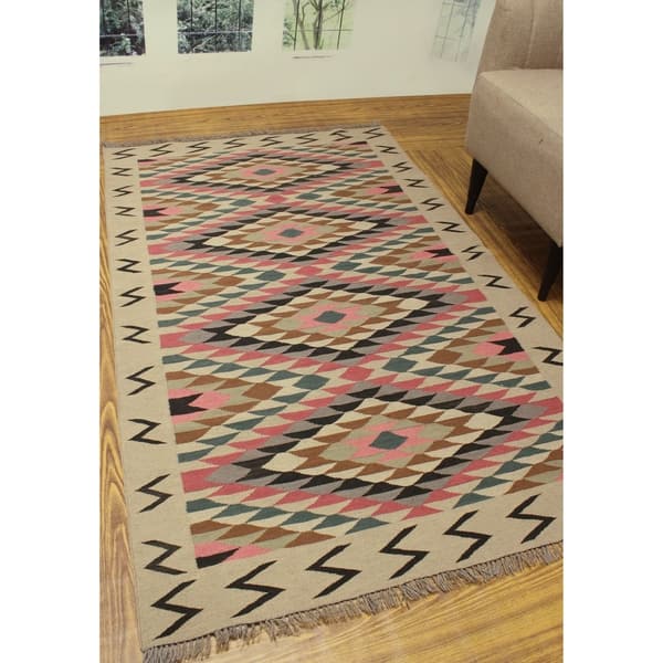 slide 1 of 7, Noori Rug Sangat Kilim Abigail Pink/Black Rug - 4'1" x 6'7"