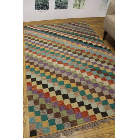 Hand-Woven Sangat Kilim Zahir Purple/Green Rug - 5'1" x 7'8"