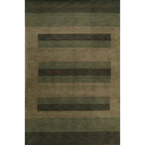Modern Tribal Green Stripe Gabbeh Oriental Area Rug Hand-Knotted - 6'7" x 10'0"