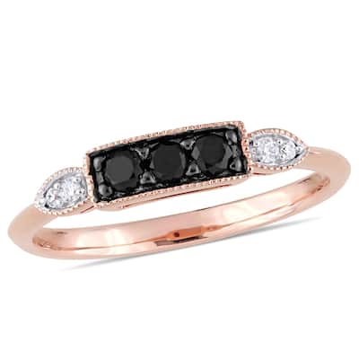 Miadora 10k Rose Gold 1/4ct TDW Black and White Diamond 3-Stone Anniversary Band Ring