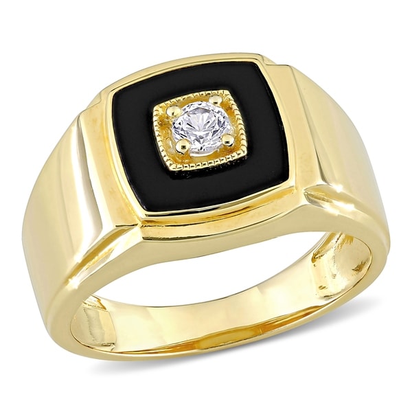 Mens Sapphire & Diamond Ring Sterling Silver or Yellow Gold Plated Band