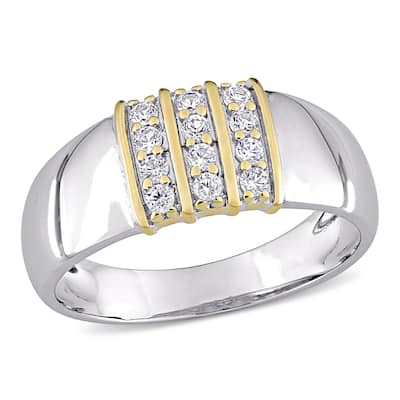 Miadora 10k Yellow Gold and Sterling Silver Men's Created White Sapphire 3-Row Wedding Band Ring