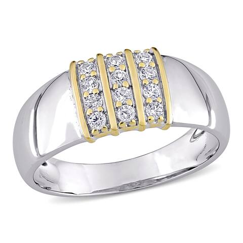 Miadora 10k Yellow Gold and Sterling Silver Men's Created White Sapphire 3-Row Wedding Band Ring