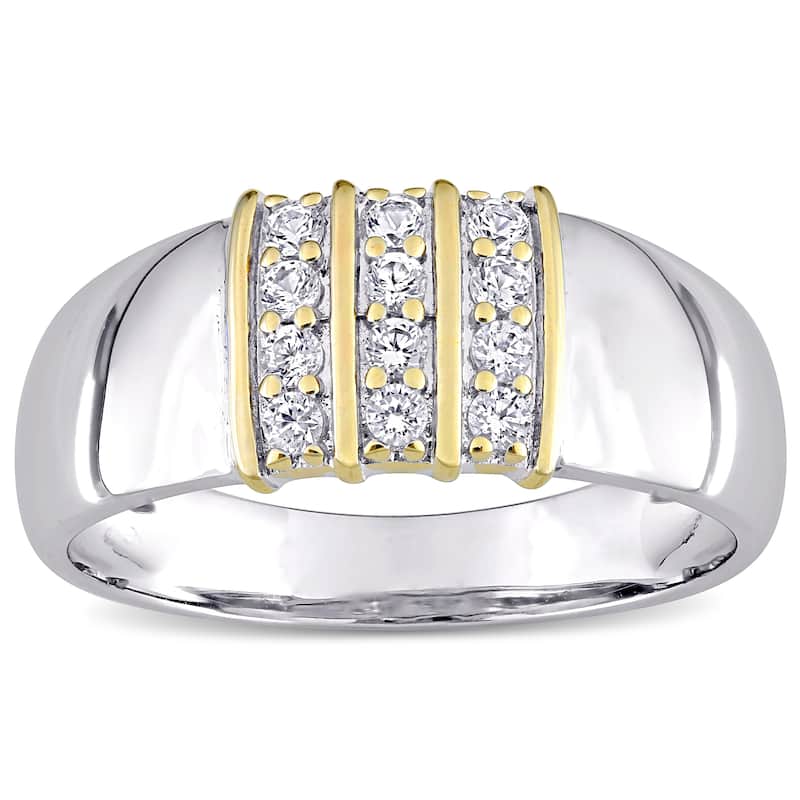 Miadora 10k Yellow Gold and Sterling Silver Men's Created White Sapphire 3-Row Wedding Band Ring