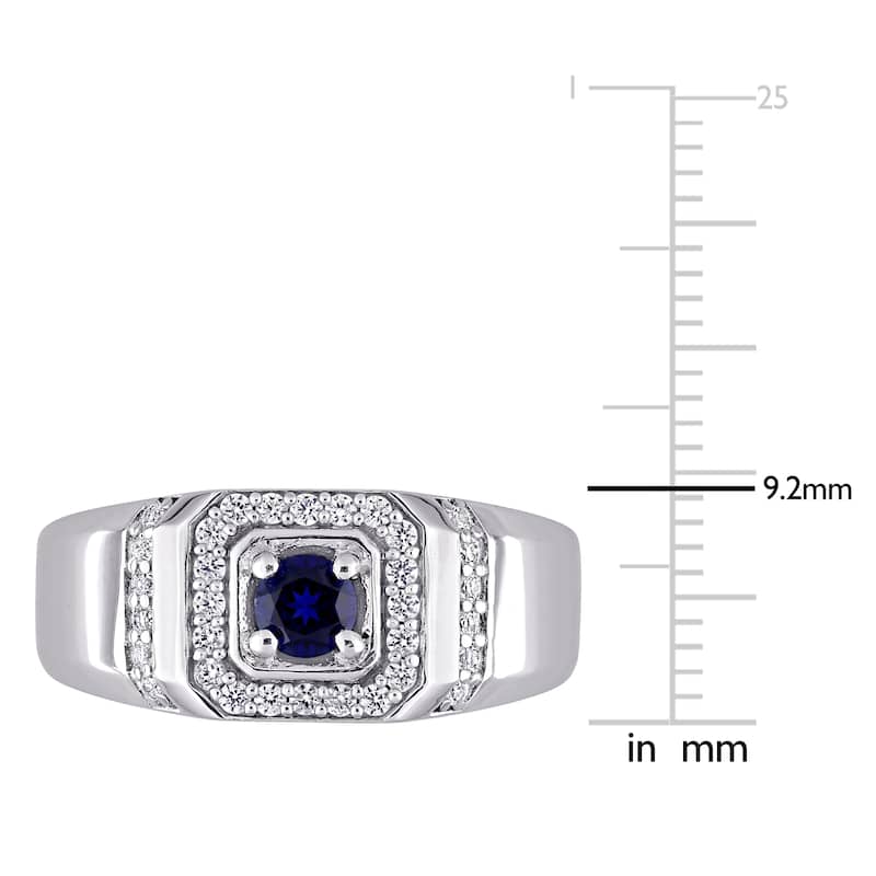 Miadora Sterling Silver Men's Created Blue and White Sapphire Halo Wedding Band Ring