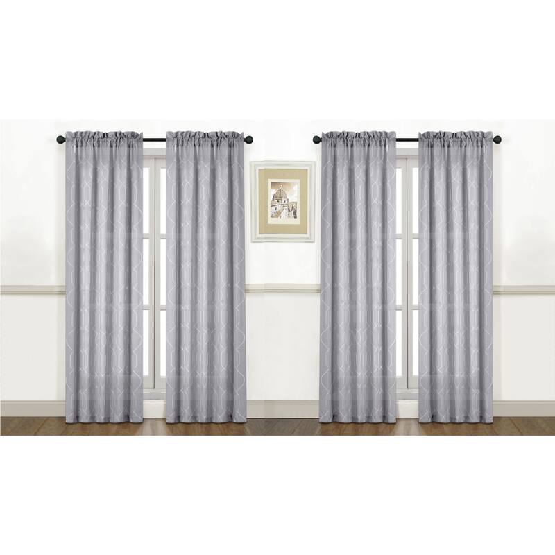 Trellis Embroidered Sheer Window Curtain Panel 2-pack or 4-Pack - 4-Pack - 4 Panel - Grey/ Grey