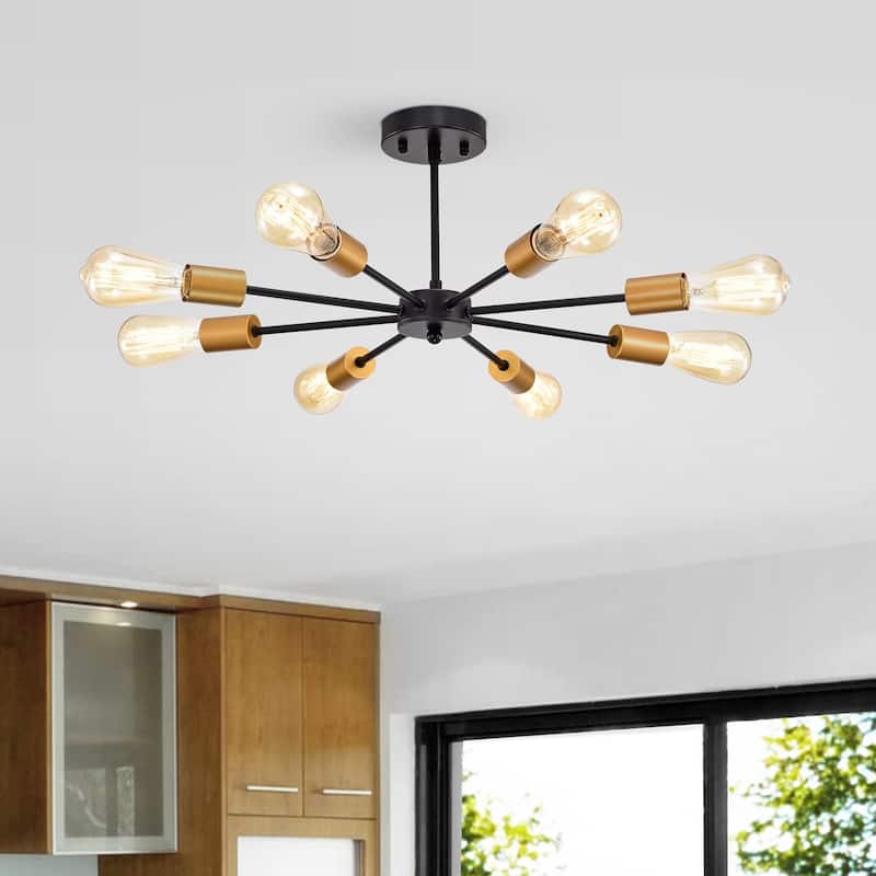 Bianna Sputnik Matte Black+Gold 8-Light Semi-Flush Mount Light