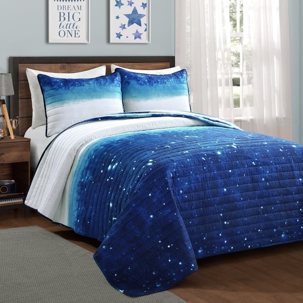 slide 2 of 10, Lush Decor Space Star Ombre Reversible Print Quilt Set Navy & White - Full - Queen