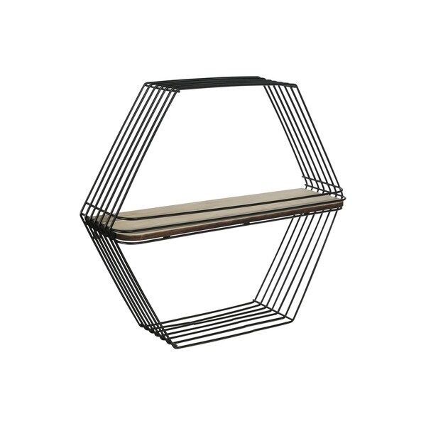 Wooden Wall Shelf and Hangers with Hexagonal Metal Frame, Black and Brown