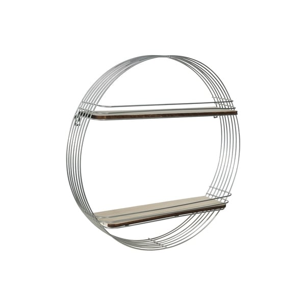 Metal Round Wall Shelf with 2 Tier Wooden Surface, Brown and Silver